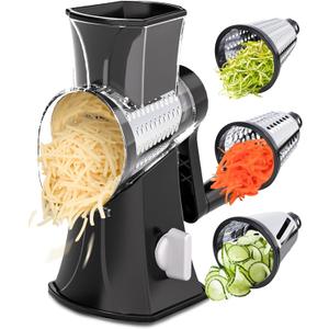 Rotary Cheese Grater Hand Crank, Cheese Shredder/Slicer/Chopper with Large Caliber and Strong Suction Base, 3 Blades for Potatoes/Nuts/Vegetables, Easy to Use Clean for Home (Black-1a)