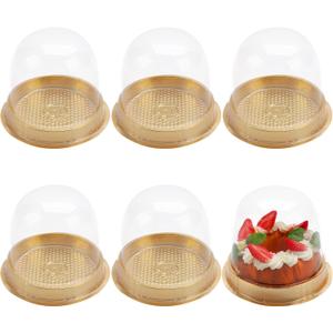Hewnda 50 Sets Cake Box - Internal Size Diameter 4-3/8 Inch X Height 4-1/8 Inch Clear Plastic Dome Carrier - Single Cake Container Carry Reinforcement Stickers (Gold)