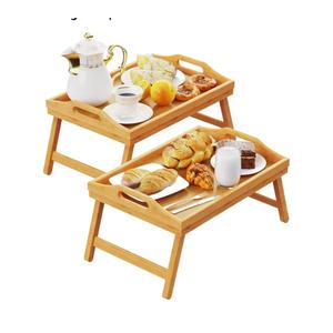 2 Pack Breakfast in Bed Tray for Eating, 16.92 x 12.6 Inch Bed Table Tray with Folding Legs & Handles, Bamboo Food Lap Trays Fits for Adult Kids Eating/TV/Surgery Recovery by Easoger. Set of 2