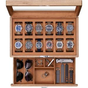 ROTHWELL 12-Slot Solid Walnut Watch Box with Valet Drawer - Premium Jewelry Display Case Organizer with Locking Glass Top and Microsuede Liner for Men & Women (Tan Interior)