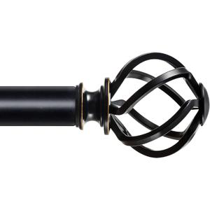 KAMANINA 1 Inch Curtain Rod Single Drapery Rod 36 to 72 Inches (3-6 Feet), Black Curtain Rods for Windows, Twisted Cage Finials