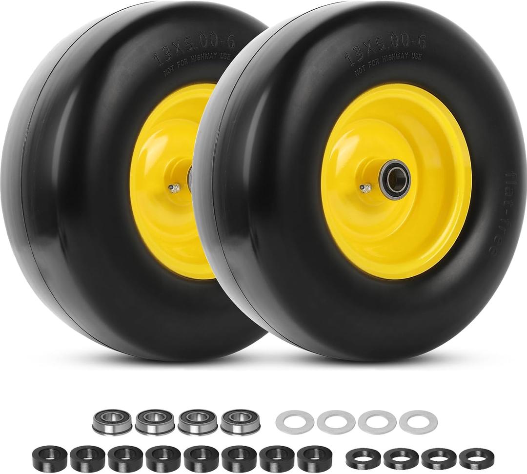 AR-PRO (2-Pack) 13x5.00-6 Flat Free Lawn Mower Tire and Wheel- Solid Smooth Tread Replacement Front Tire for Riding Zero Turn Mowers, Garden Tractors 3/4" and 5/8" Bearings, 3.25"-5.9" Centered Hub