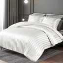 Whale Flotilla 3-Piece Reversible Silky Soft Queen Comforter Set, Luxury Stripe Satin Comforters Full Size Bedding Set with 2 Satin Pillowcases, Lightweight Duvet for All Seasons, White