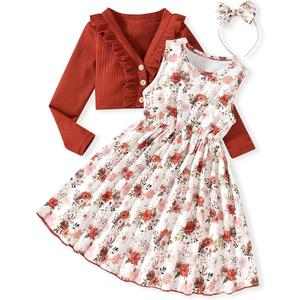 HINTINA Toddler Little Girls Dress And Cardigan Sets 2 Piece Floral Print Sleeveless Dress and Long Sleeve Cardigan Set, Size 130