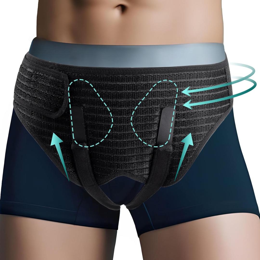 Hernia Belt for Men Inguinal, Groin Support Brace with 4 Removable Silicone Compression Pads, Bilateral Hernia Truss for Pre/Post Surgery Pain Relief, Adjustable Waist Guard with Breathable Fabric & Skin-Friendly Lining, Easy to Wear, L