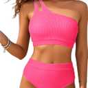 High Waisted Ribbed Bikini Swimsuit - Women Two Piece Bathing Suit One Shoulder Swimwear 2025, Small, Pink 