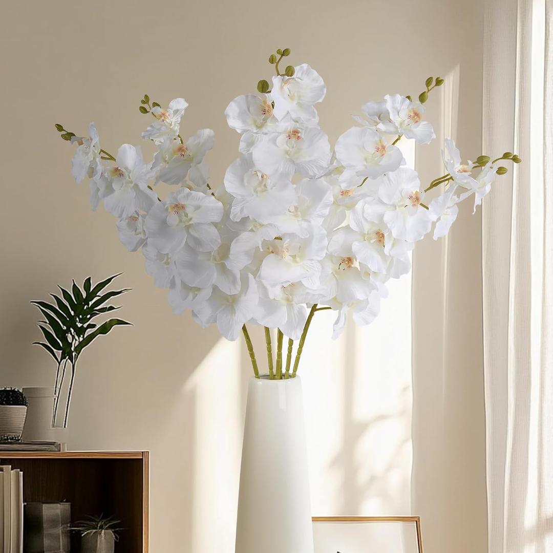 6 Pcs Artificial Orchid Stems 33.5" Tall 9 Large Petals Fake White Phalaenopsis Flower Arrangements for Home Wedding Living Room Table Centerpiece Office Table Decor White