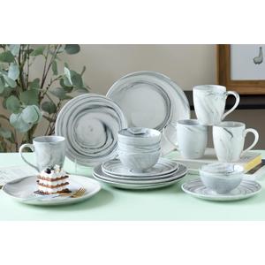 16 Piece Marble Dishes Dinnerware Sets, Marble Porcelain Dinnerware Set, Grey (4×Dinner Plates, 4×Dessert Plates, 4×Bowls, 4×Mugs, 16 Pack)