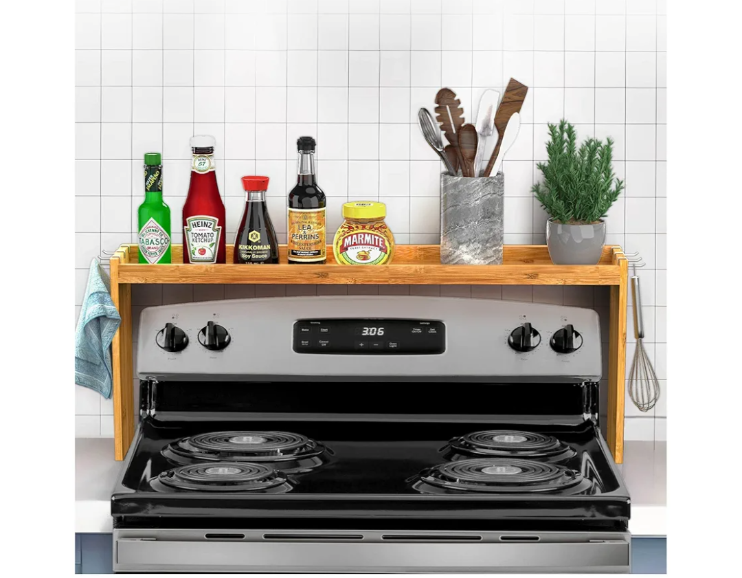IIIOIIIA Bamboo Over The Stove Spice Shelf for Kitchen Storage, 31.5" Kitchen Spice Rack Organizer Stove Top Shelf with 6 Hooks, 11.4" Height Extra Storage Countertop, Easy to Assemble