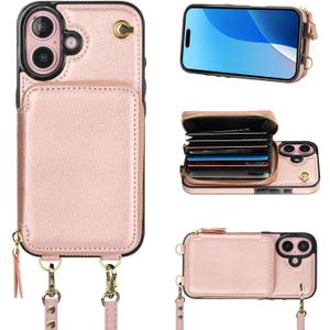 Bocasal Crossbody Wallet Case for iPhone 16, RFID Blocking Leather Purse Case with Card Holder, Protective Handbag Flip Cover with Zipper Wrist Strap Lanyard for Women 5G 6.1 Inch (Rose Gold)