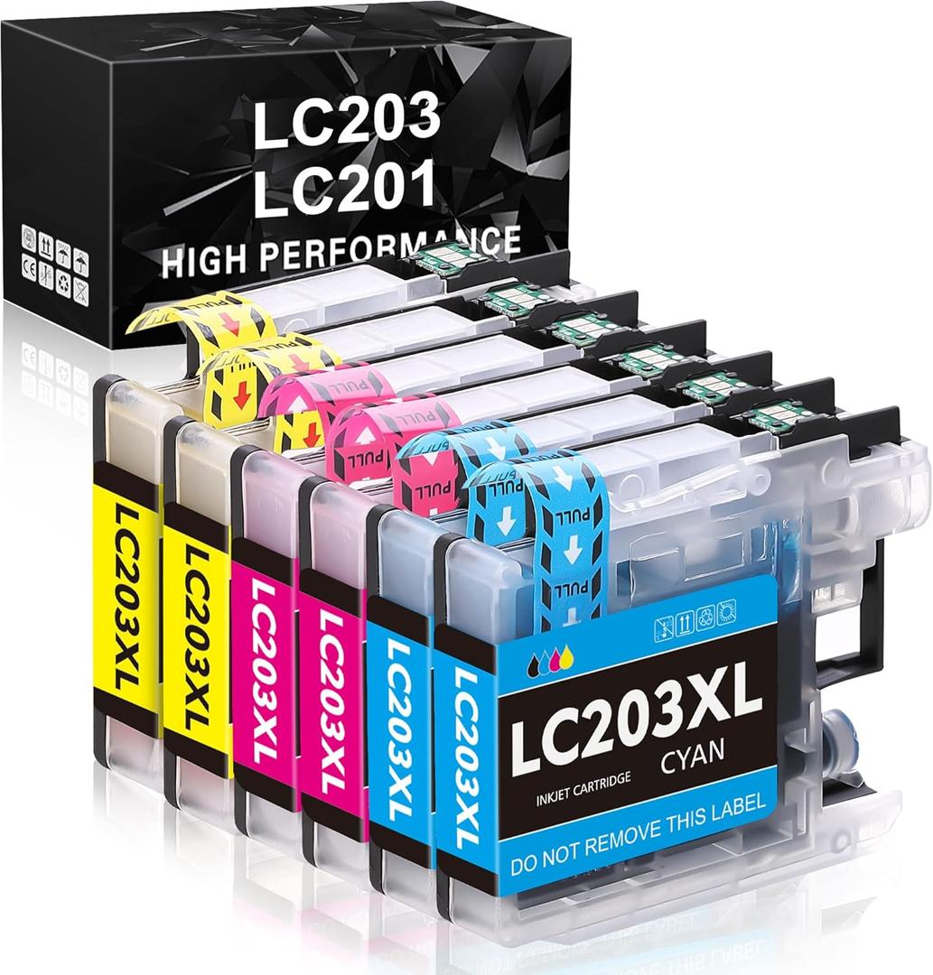 LC203XL Compatible Ink Cartridge Replacement for Brother LC203XL LC201XL LC203 LC201 to Use with MFC-J480DW MFC-J880DW MFC-J4420DW MFC-J680DW MFC-J885DW (2 Cyan, 2 Magenta, 2 Yellow, 6 Pack)