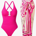 One Piece Swimsuit Women with Cover Up Set Retro Bathing Suit for Women Tummy Control Beach Wrap Skirt, Size M