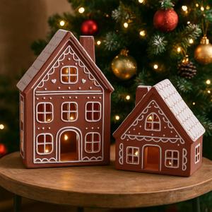 Funnymoom 2 Sets Lighted Ceramic Iced Gingerbread Houses Christmas Decorations Indoor Pre Lit LED Gingerbread Houses Christmas Kitchen Tabletop Decor for Table Centerpiece Xmas Holiday Party Gifts