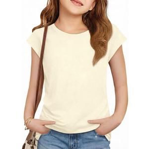 ZDC Girls Short Cap Sleeve T Shirts Kids Crewneck Summer Tops Basic Tees 5-14 Years (Beige)