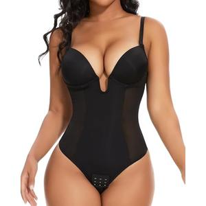 SHAPERIN Women's Backless Body Shaper Bra Faja U Plunge Low Back Thong Shapewear Tummy Control Deep V Bodysuit (Medium,Black)