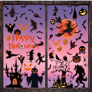 4 x XZENTIRA 64 PCS Halloween Window Clings 9 Sheets Black Scary Bat Ghosts Pumpkin Double-Sided Window Stickers for Happy Halloween Party Decoration Glass Décor Indoor and Outdoor