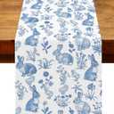 Chinoiserie Easter Table Runner Retro Blue White Bunny Flower Spring Holiday Party Decoration Home Kitchen Dining Room Table Decor