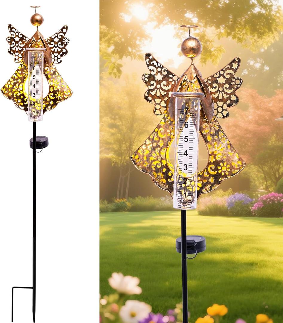 Solar Rain Gauge Outdoor,Decorative Angel Rain Gauges Outdoors Best Rated,Large Plastic Tube Freeze Proof Water Gauge for Yard Patio Lawn Garden Decor Gift for Women Measuring Precipitation