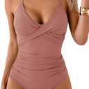 B2prity Women's One Piece Swimsuits Tummy Control Front Cross Bathing Suits Tie Back Slimming V Neck Swimwear (Cameo Brown) S