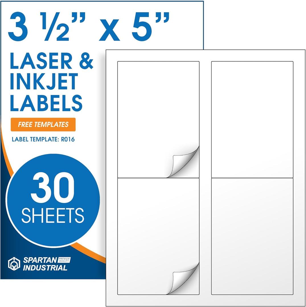 3.5" X 5" Matte White Printable Shipping Labels (30 Sheets, 120 Stickers) Mailing and Address Labels, Product Packaging Stickers for Laser & Inkjet Printers - Spartan Industrial Template R016