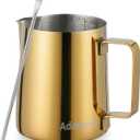 Milk Frothing Pitcher, 350ml (12oz) Steaming Pitchers Stainless Steel Milk Coffee Cappuccino Latte Art Barista Steam Pitchers Milk Jug Cup with Decorating Art Pen, Gold