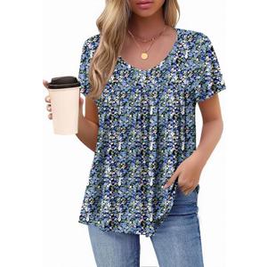 HOTOUCH Womens Short Sleeve Tunic Tops V Neck Loose Fit Ruffle Sleeve Shirts Summer Floral Dressy Casual Boho Blouses (Small, Blue Pink)