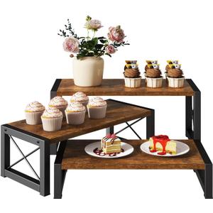 IBUYKE Cupcake Display Stand, Set of 3,Large Wood Risers Display Stands,Dessert Stand for Party,Tiered Serving Stand for Decor, Doll,Food,Perfume,Rustic Brown UTLJ019H