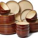 32 Piece Double Bowl Dinnerware Sets with Pasta Bowls, Highly Chip and Crack Resistant Plates and Bowls Sets, Natural Earthyware Ceramic Dishware Sets, Service for 8 Brown Yellow