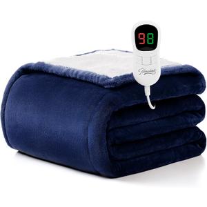 Homemate Heated Blanket Electric Throw - 50/''x60/'' Heating 1/2/4/6/8 Hours Auto-Off 10 Heat Level Over-Heat Protection Flannel Sherpa Heater ETL Certification, Blue