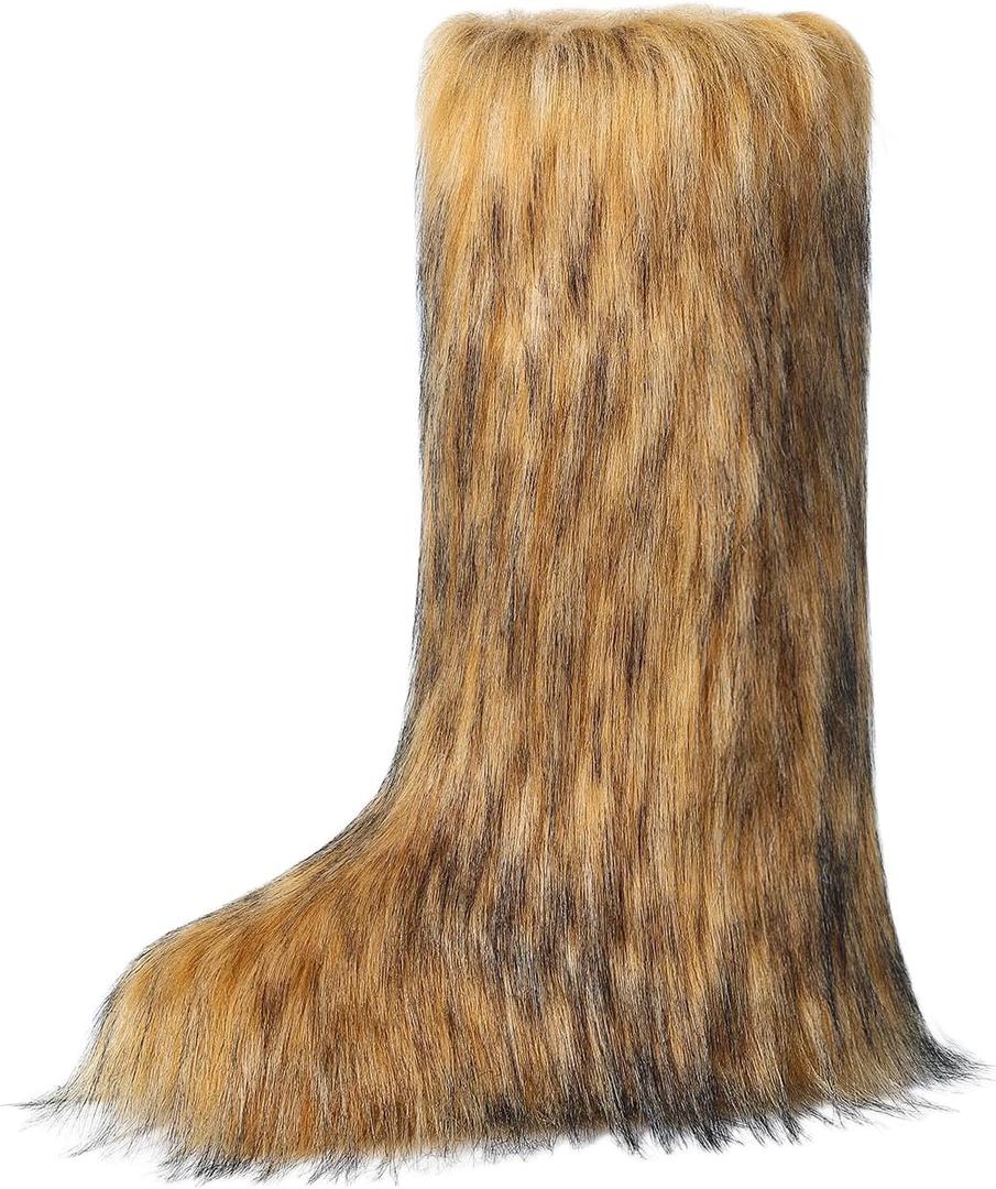 Women's Knee-High Faux Fur Boots - Furry Fluffy Warm Winter Snow Boots with Comfortable Round Toe for Cozy Outdoor and Indoor Usep (Yellow, 11)