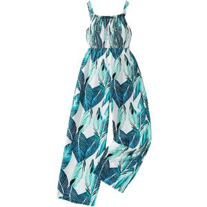WDIRARA Girl's Tropical Graphic Sleeveless Jumpsuit Smocked High Waist Wide Leg Long Pants (Multicolor, 12 Years)