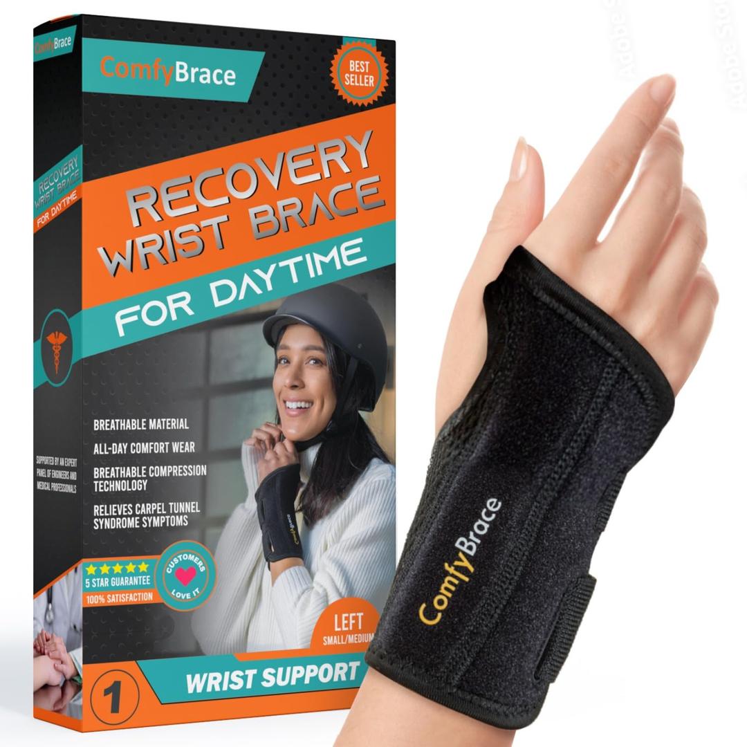 ComfyBrace Copper Infused Wrist Brace/Hand Brace/Wrist Support for Carpal Tunnel Syndrome, Arthritis, Tendonitis For Men and Women (Left Hand, Small/Medium)