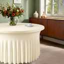 WJWHQ 10 Pack Ivory Round Spandex Tablecloths for 60in Tables, 120Inch Stretchy Fitted 5FT Round Table Clothes,Wrinkle Free Table Cover with Skirt for Wedding Party Dining Banquet, 120 Inch Round - 10 PCS