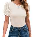 MIRALUNA Women's Summer Skinny Rib Body Suits Shirt Casual Swiss Dots Mesh Short Puff Sleeve Knitted Round Neck Jumpsuit Top Blouses Beige Large