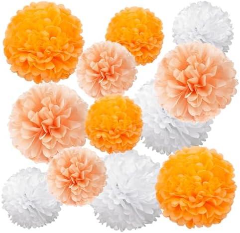 ZOOYOO Orange Peach White Paper Pom Poms, Orange Pink Party Decoration for Fall Autumn Thanksgiving Harvest Party Classroom Decoration Birthday Anniversary 12PCS, Set of 4