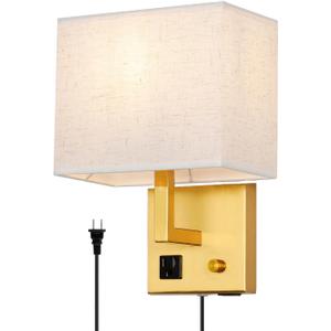 Plug in Wall Sconce, Bedside Wall lamp with Plug and dimmable Switch, with USB Charging Port and Socket, Suitable for Hotel, Corridor, Living Room and Bedroom Wall Light (Golden)