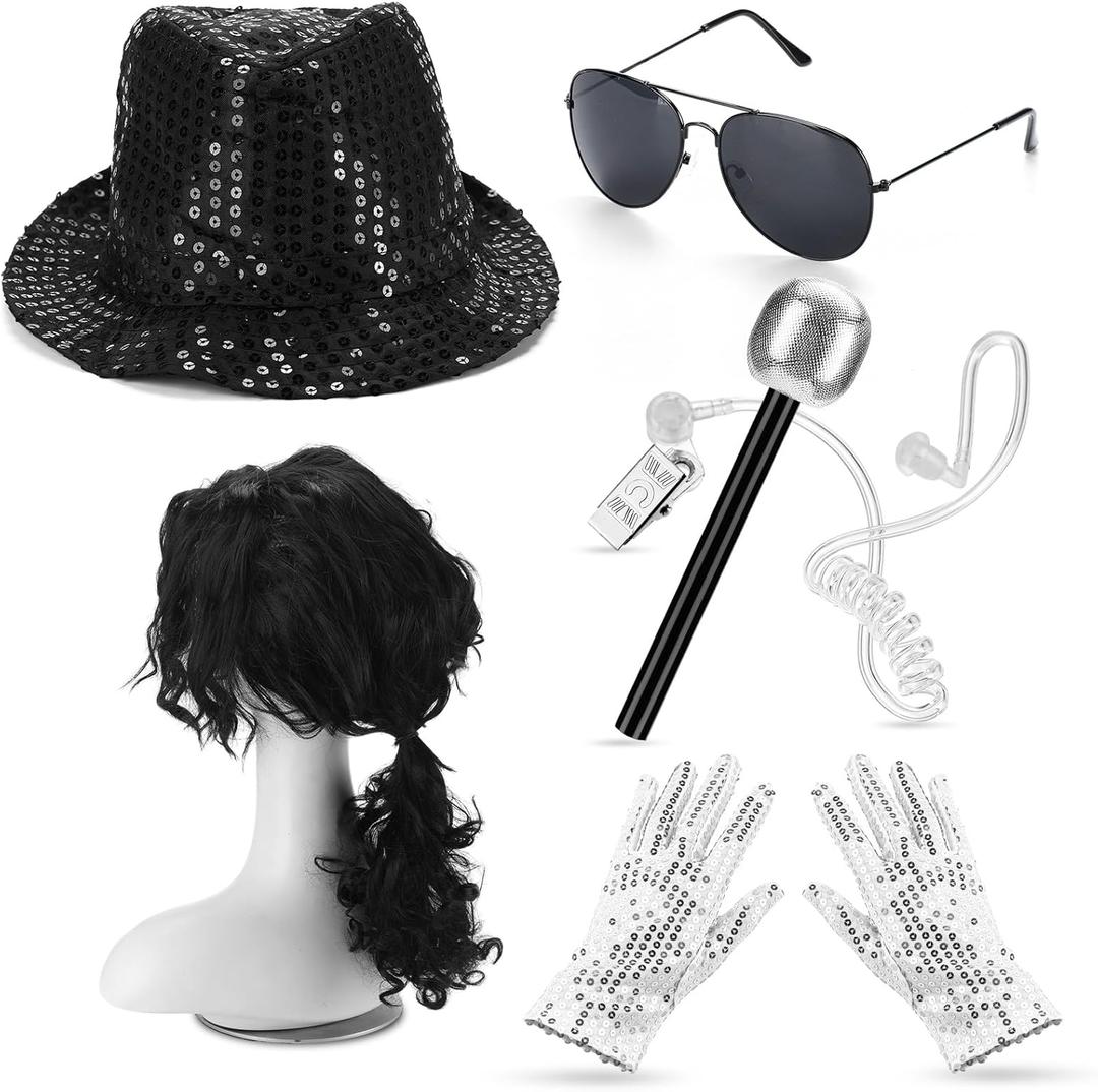 Leumoi 6 Pcs Halloween Pop Costume Dance Star Costume Includes Long Curly Wig Black Hat Sequin Glove Sunglasses Earpiece Microphone for Pop Stage 80s 90s Party Mens Adult Halloween Cosplay