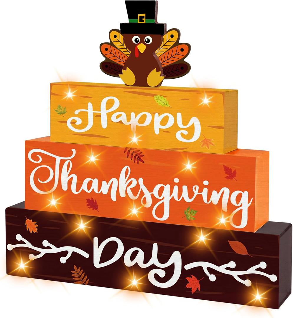 Thanksgiving Decoarations Wooden Block Sign with Led Lights- Happy Thanksgiving Day Turkey Light up Wood Sign for Table Mantle Farmhouse Home Battery Operated Wooden Sign Tabletop Tiered Tray Decor