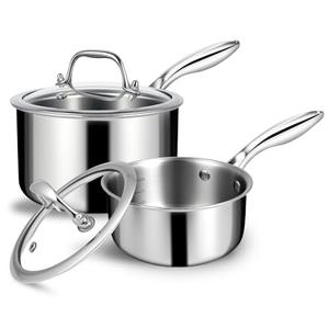 EWFEN 3 Ply Stainless Steel Sauce Pan Set with Lids, 1 & 2 Quart Multipurpose Cooking Pot, Stay-Cool Handle, Induction Oven Dishwasher Safe, 1QT & 2QT