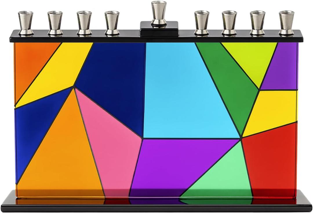 The Dreidel Company Geometric Design Glass Candle Hanukkah Menorah, Handcrafted Design, 11 Inch