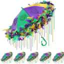 Riceshoot 5 Sets Mardi Gras Umbrellas Second Line Parasol Bulk with 50 Purple Green Gold Beads Necklaces Mardi Gras Feather Boas for Women Masquerade Costume Carnival Party Supplies