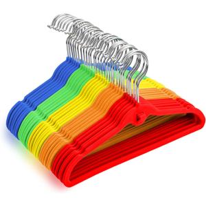 Pack of 30 Kids Velvet Hangers, Non-Slip Space-Saving with Cascading Mini Hooks, Rainbow Colors (Red, Orange, Yellow, Green, Blue) Baby and Toddler Clothes Organization