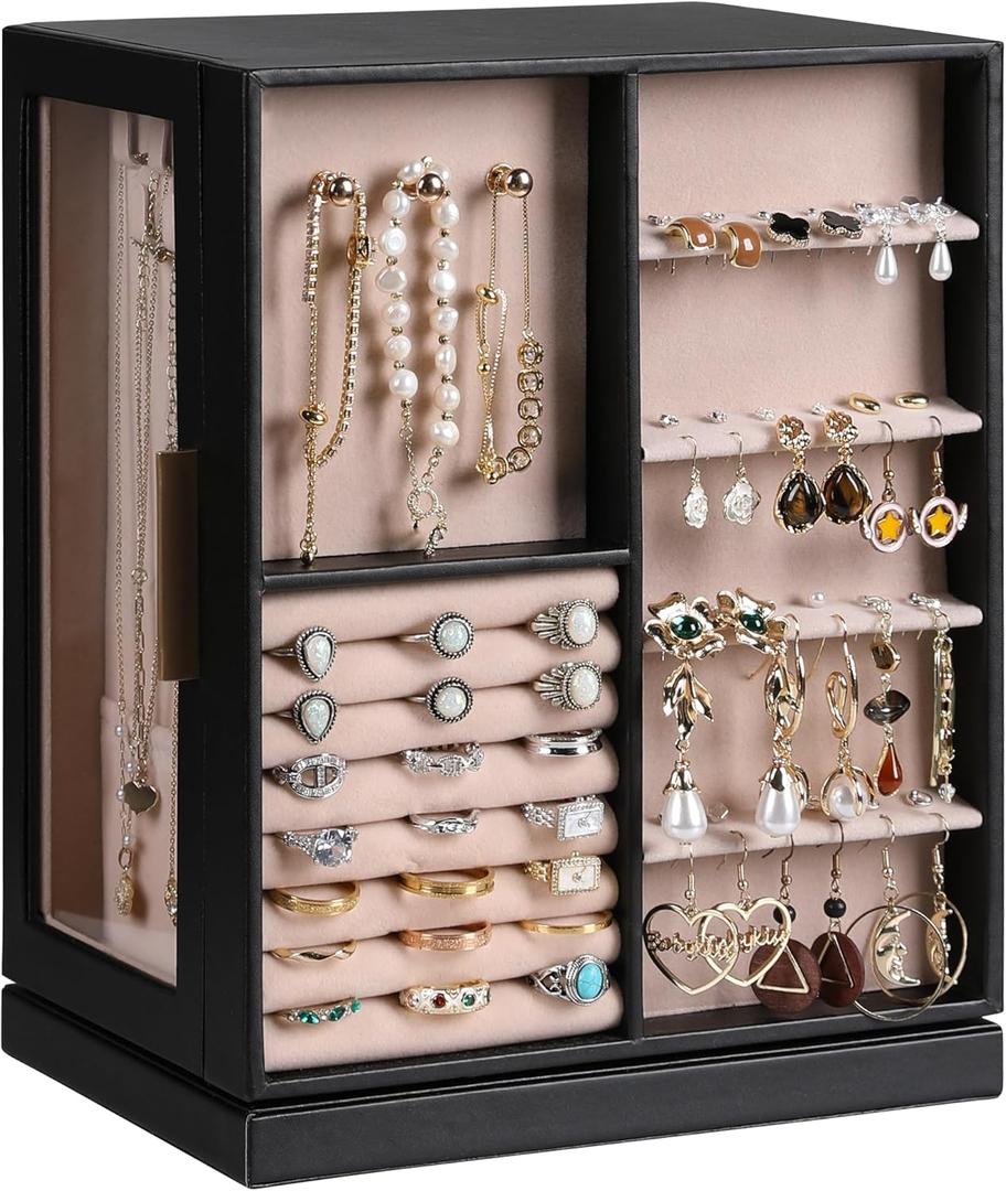 Frebeauty 360 Rotating Jewelry Box,PU Leather Jewelry Organizer with 6 Drawers,Large Jewelry Storage,Clear Window,Golden Handle,Vertical Jewelry Holder for Earrings Necklace,Gift for Women(Black)