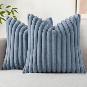decorUhome Faux Fur Throw Pillow Covers 18x18 Set of 2, Decorative Soft Plush Striped Neutral Couch Euro Pillow Covers with Velvet Back for Sofa, Bed, Living Room Home Decor, Grey Blue