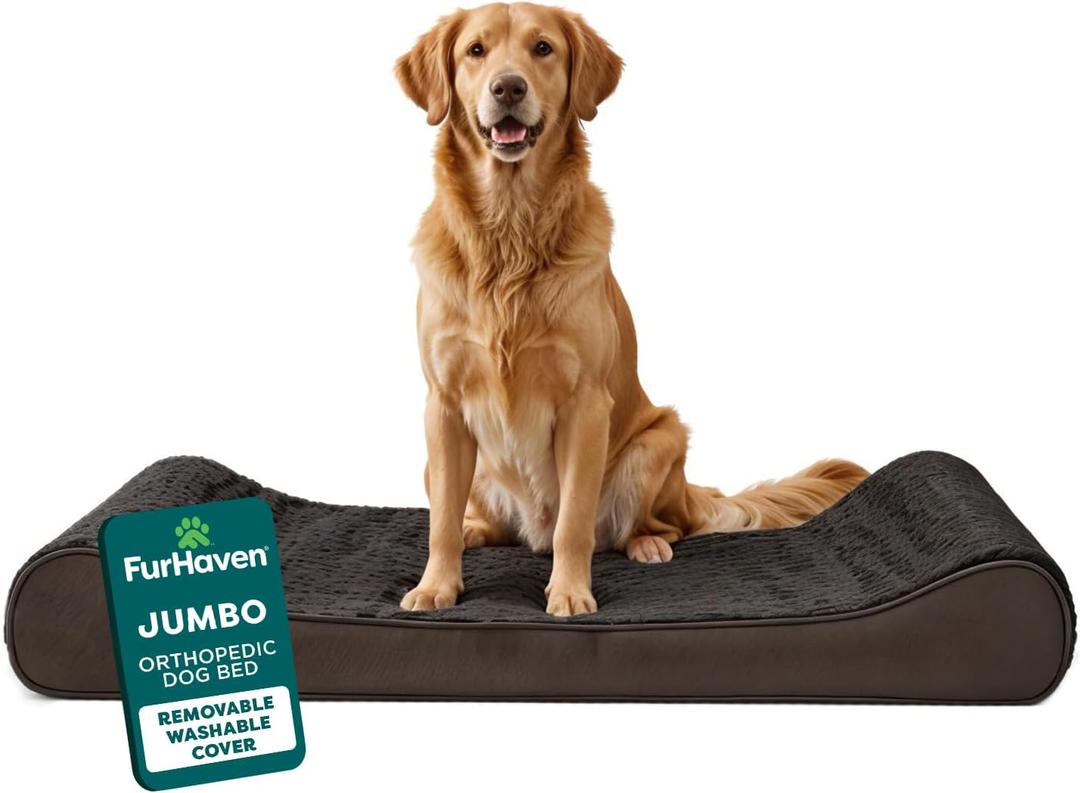 Furhaven Orthopedic Dog Bed for Large Dogs w/ Removable Washable Cover, For Dogs Up to 75 lbs - Ultra Plush Faux Fur & Suede Luxe Lounger Contour Mattress - Chocolate, Jumbo/XL