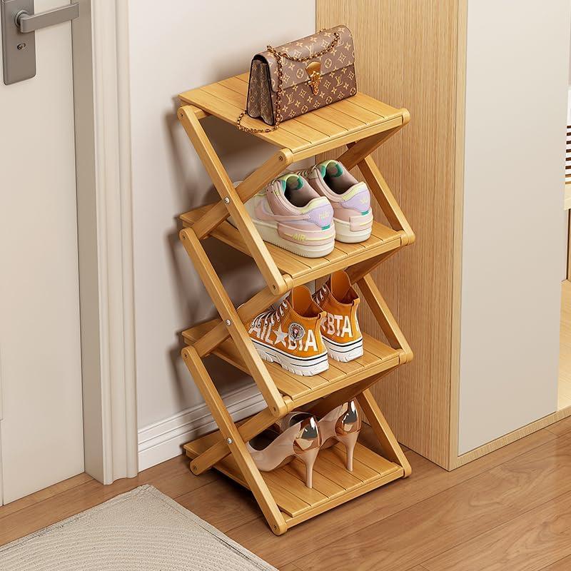 Shoe Rack, Bamboo Foldable Shoes Organizer Free Standing Shelf for Entryway, Closet, Bedroom, Hallway, | Natural | Functional | Multifunctional Shoe Rack (Wood Color) 4 Layers