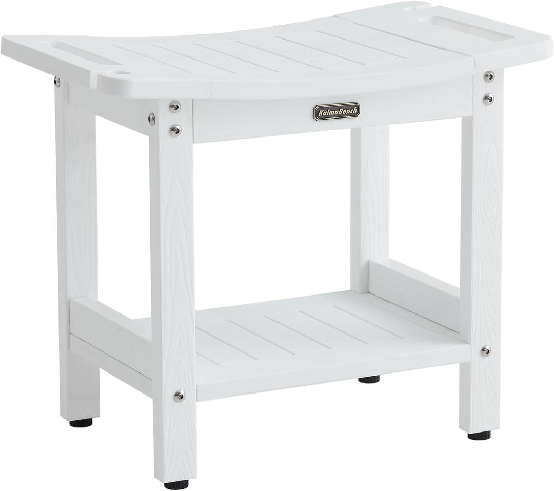 Waterproof Shower Bench, White Poly Shower Stool for Shaving Legs, Shower Chair Seat with Handles & Shower Head Holder, Plastic Bathroom Bench with Adjustable Feet for Inside Shower, Non-Slip