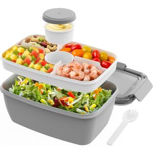 Cherrysea Salad Lunch Container, 68oz Salad Bowls with 4 Compartments Tray,Leak Proof Lunch Box with Fork for Men,Women BPA-Free Snack Container with Sauce Container for Dressings-Grey (Gray)