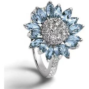 Sunflower Rings for Women, 925 Sterling Silver Sunflower Ring Light Blue Zircon Sunflower Diamond Ring Crystal Sunflower Ring Sunshine Sunflower Statement Ring with Cubic Zirconial Band Size 10