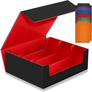 1800+ Trading Card Storage Box, Magnetic Closure Toploaders Storage Box Hold 600+ 35PT 3"x4" Standard Toploaders, PU Leather Card Deck Boxes Fit for MTG,Sport Cards,Game Cards (Black&Red)